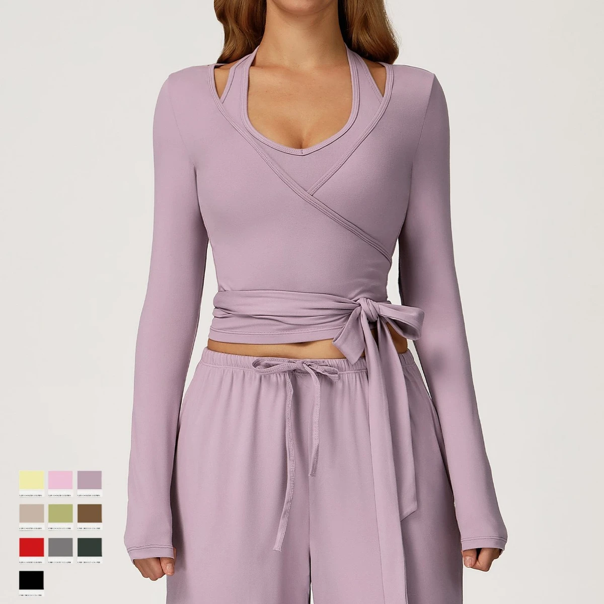 2026 Elegant Women's Wrap Top Long Sleeves Luxury Ballet Wrap Top Soft Elastic Side Tie Rope Yoga Pilates Dancing Tops