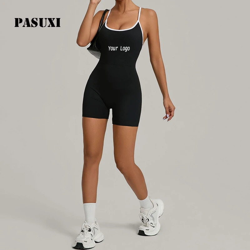 PASUXI Contrast Color Cross Strap High Waist Hip Lift Yoga One-Piece Jumpsuit Women Running Workout Gym Fitness Activewear