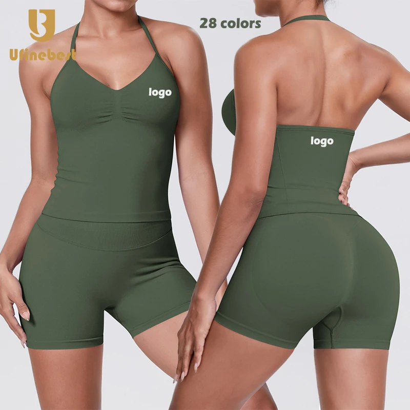 Women's Elastic V-Shape Sleeveless Gym Fitness Sports Top High Quality Seamless Workout Running Vest Halter Neck Yoga Shorts