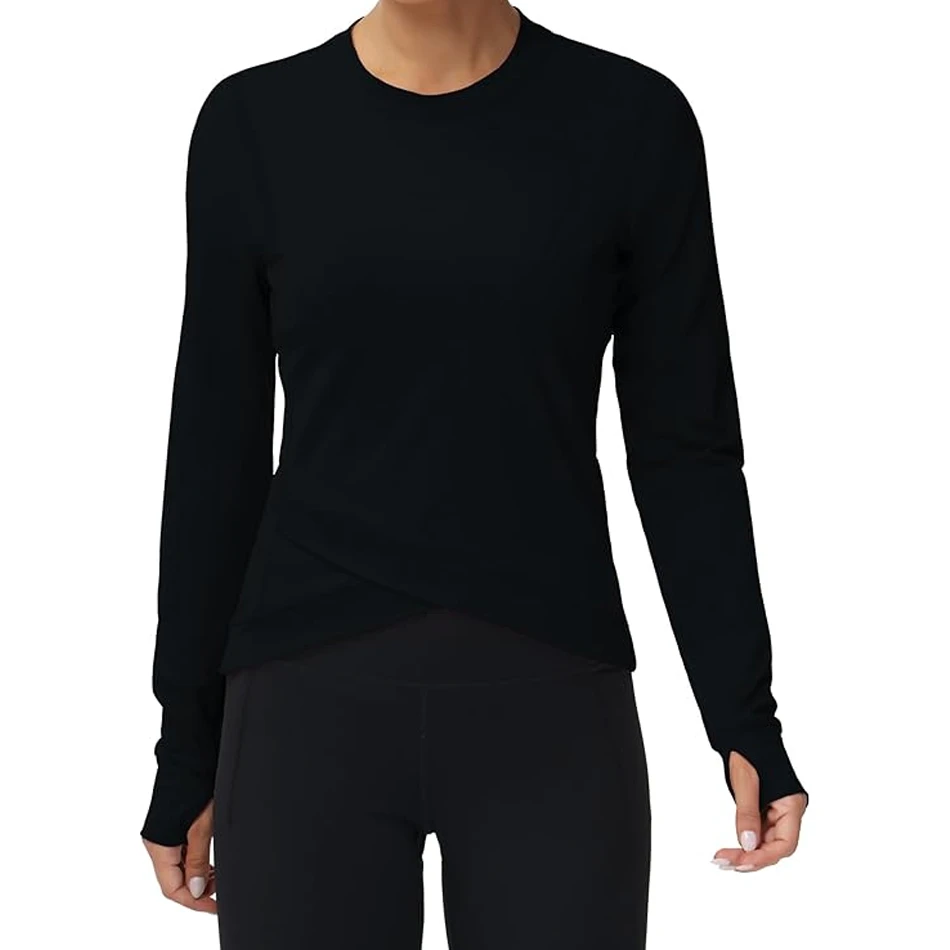 Women's Active Fitness Running Sportswear Cross Hem Polyester Spandex Quick Dry Breathable Long Sleeve Yoga Tops Sport Tee Shirt
