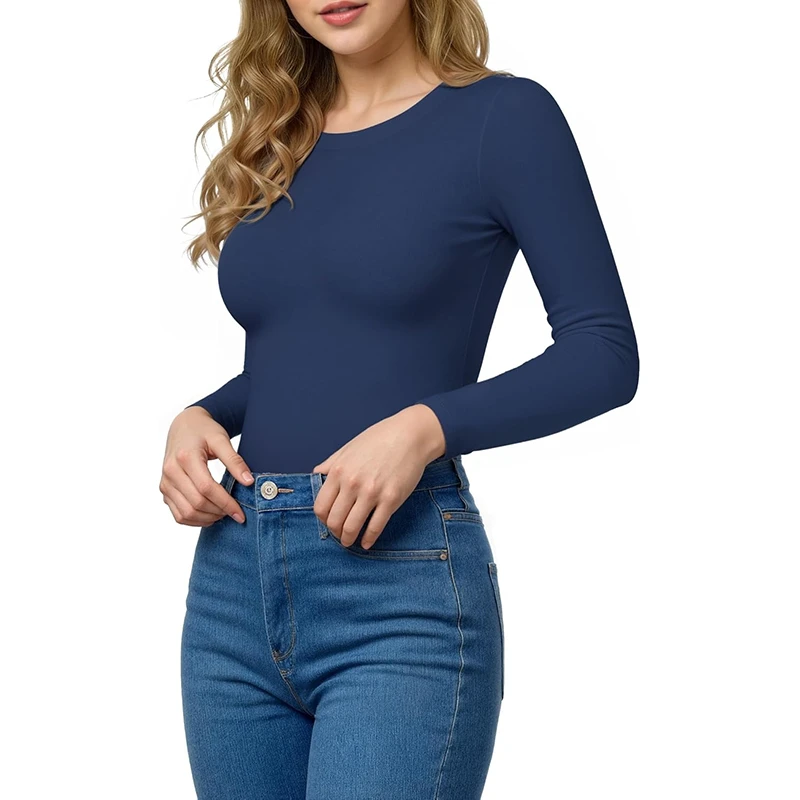Customized Women's Bamboo Fabrics Long Sleeve T Shirts Crew Neck Slim Fit Bamboo Tops Sexy Basic Tee Smoke Cloud Pro Collection