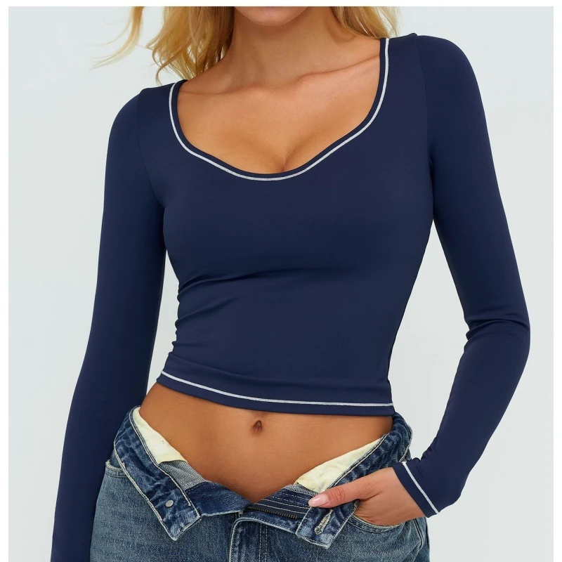 Women's Fitness Top Color Block V-u Neck Long Sleeve Workout Shirt with Slim Fit Tank Top Extended Hem for Yoga Workout Gym