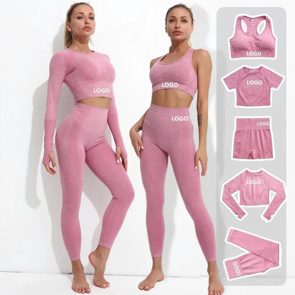 5 Pieces Custom Women's Seamless Yoga Set Fitness Workout Crop Top & Leggings Gym Wear