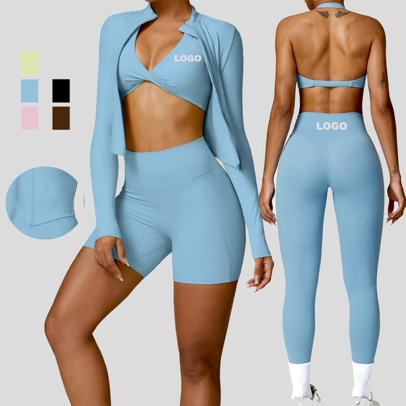 Women Fitness Roupa De Esporte V-neck Cross Back Sport Bra Zipper Jacket High Waist Shorts Push Up Leggings 4 Pcs Yoga Gym Set
