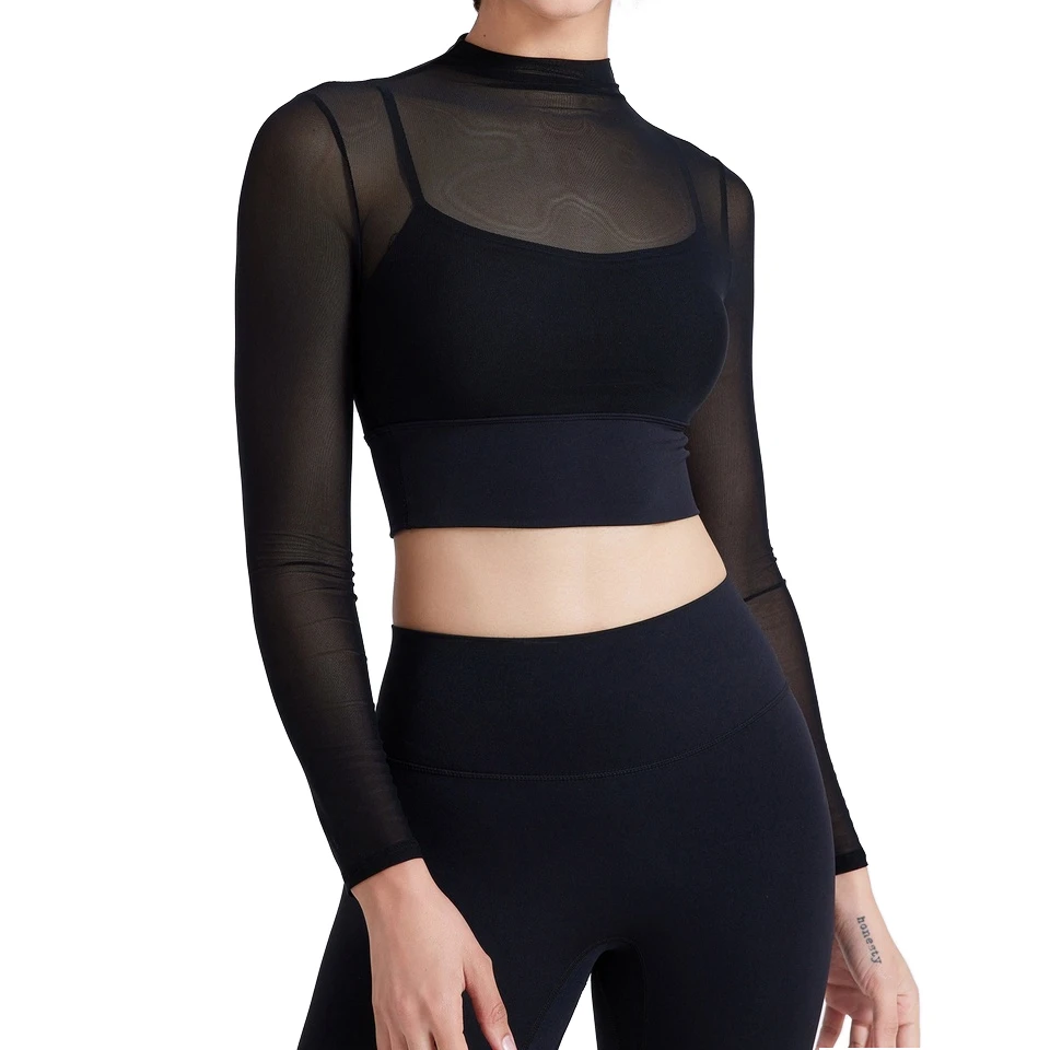 Cross-Border Sexy Mesh Yoga Top Long Sleeve Quick-Drying Breathable Fitness Bra Chest Pad One-Piece High Support Lightweight