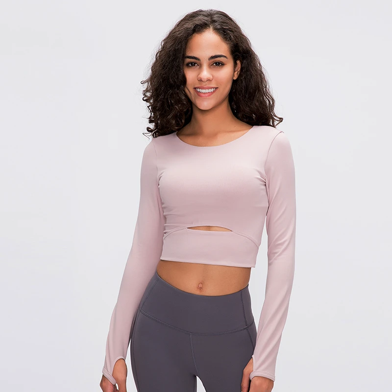 Fashionable Solid Spandex Yoga Top Long-Sleeved Padded Sports T-shirt for Outdoor Running Slim Plus Size Design 2025-S2032