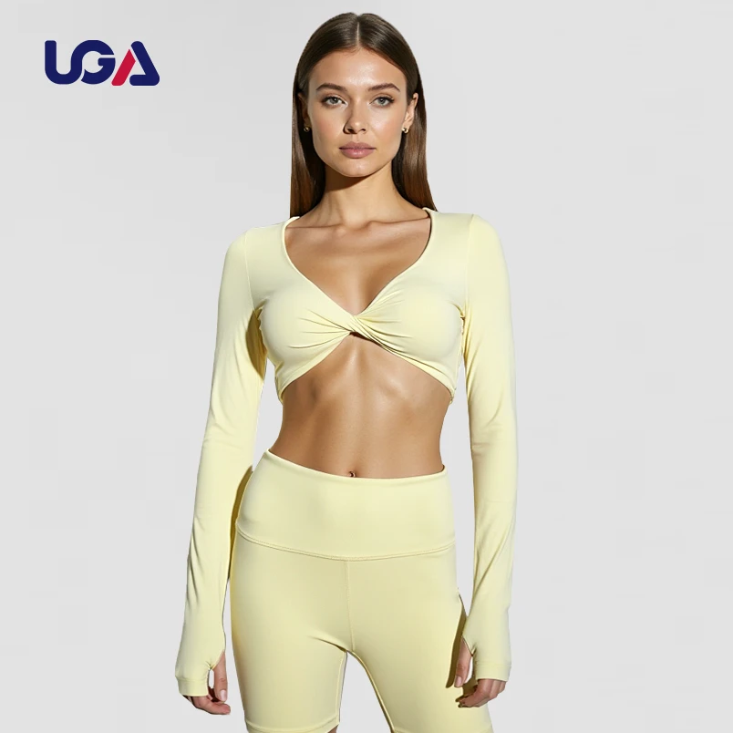 Women's Sexy Fitted Long Sleeve Top Folded Design Quick-Dry Workout Pants Gym Fitness Running Shorts Waist 2-Piece Yoga Set