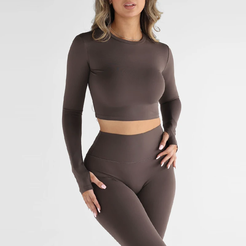Crop Top Women Long Sleeves Thumb Holes Gym Tight Fit Round Neck Yoga Top Shirts