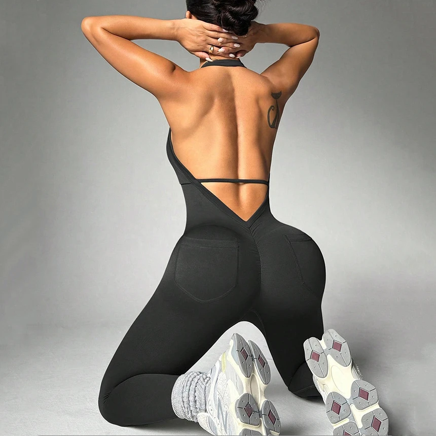 New Solid Color High-Elasticity Nylon/Spandex Yoga Bodysuit-Four-Way Stretch Halter Neck Sleeveless with Back Cutout