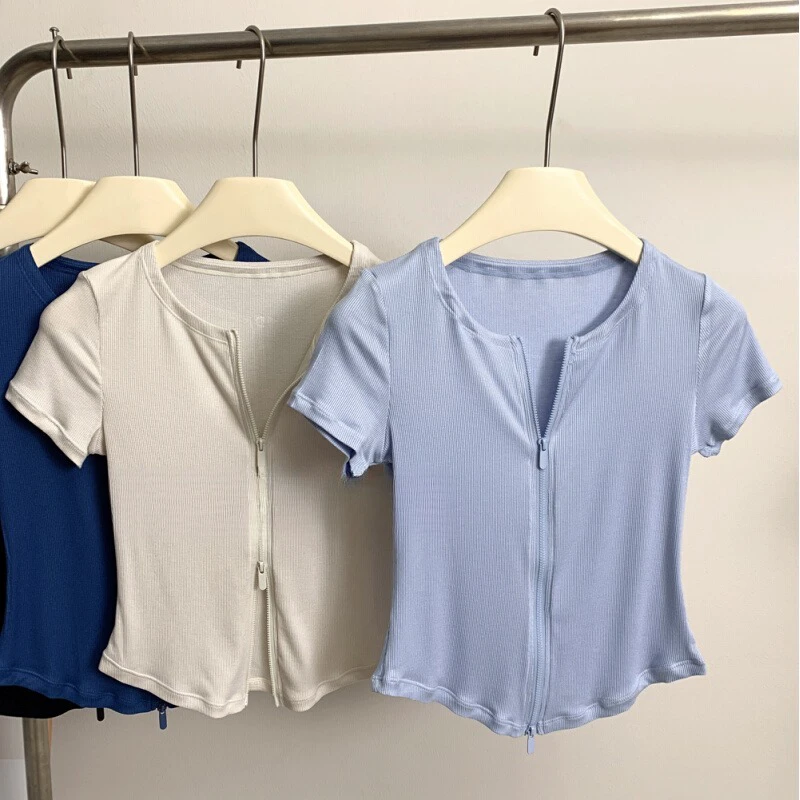 TP105 Women's Sports Yoga T-Shirt Double Zipper Crew Neck Slim Fitness Top Casual Short Sleeve Breathable Lightweight