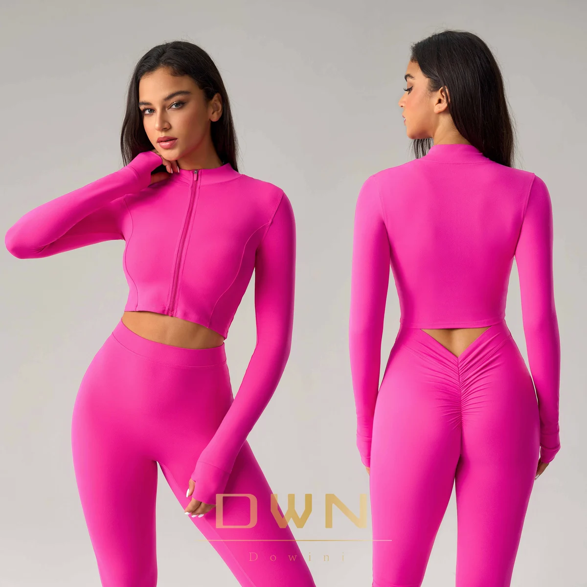 Women's Long-Sleeved Sports Yoga Autumn Spring Cropped Top with Hood Slim Fit Waist Cinched Breathable Pattern Zipper Jacket