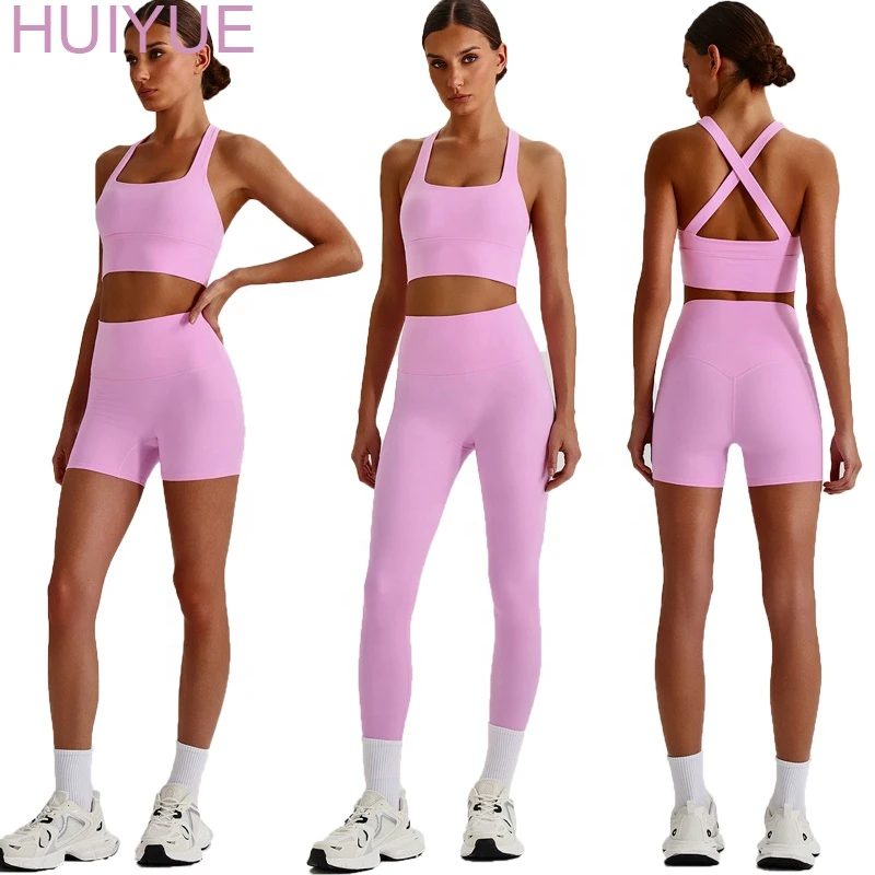 2026 New Cross Back Sports Bra High Waist Pants 3 Piece Yoga Set Women Butt Lifting Breathable Gym Fitness Workout