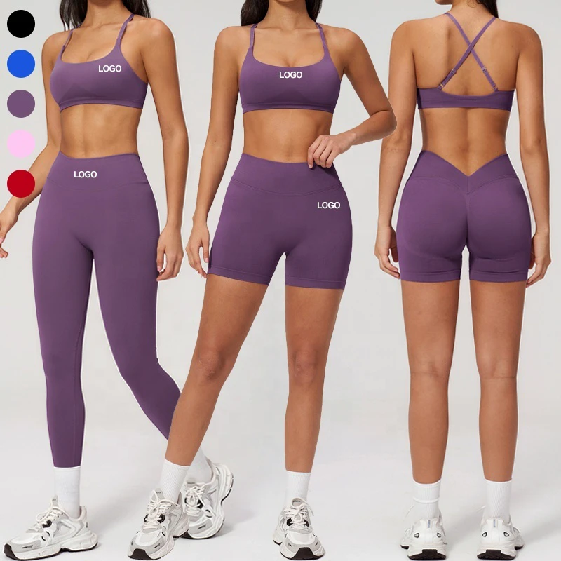 Women Cross Back Adjustable Straps Seamless Sports Suit Quick Drying Stretchy Scrunch Butt V Shape Yoga Shorts Leggings Gym Sets