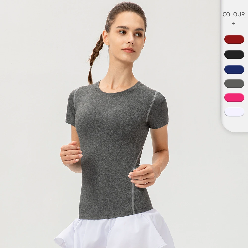 Wholesale High Elastic Polyester Spandex Quick Dry Tight Gym Fitness Running Ladies Tshirt Custom logo Sports Women Yoga T-shirt