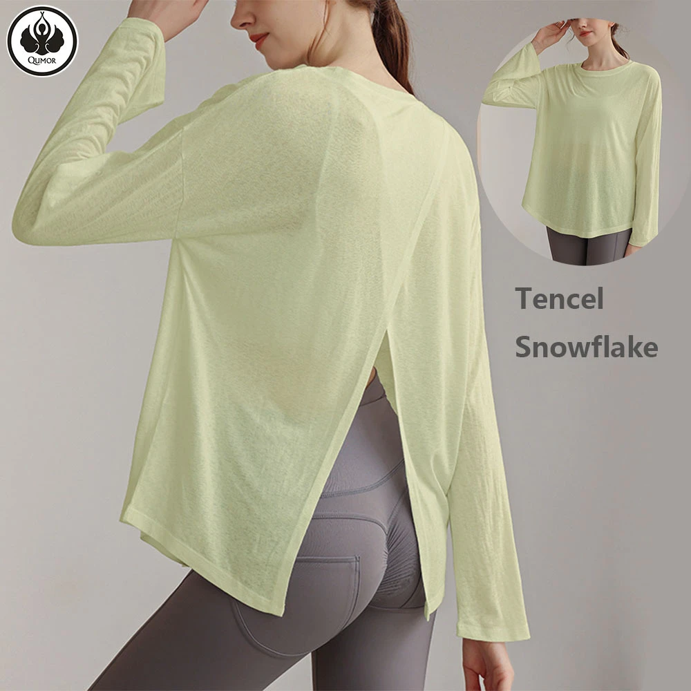 QUMOR Plus Size Lightweight Breathable Eco-Friendly Fashion Loose Running Tops Long Sleeve Sports Blouse Gym Fitness Shirts Yoga