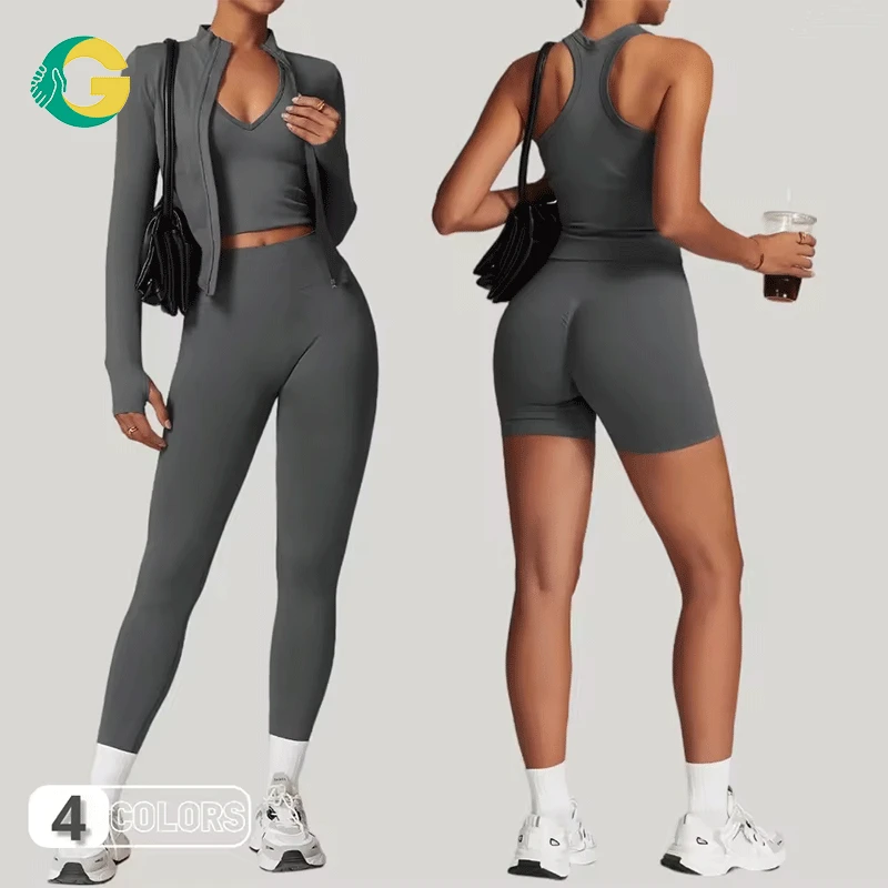 GC NEW Yoga 5 Pcs Seamless Sets Quick Dry Tight Running Shock-Proof High Waist Sports Set for Women Outdoor Fitness Gym Wear