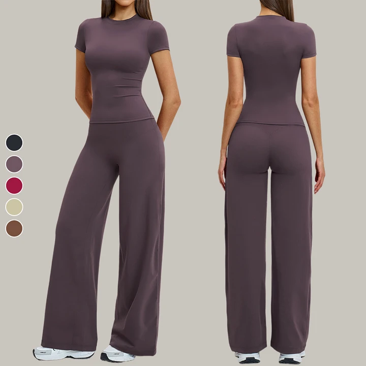Women's Breathable Yoga Suit Tummy Control Wide Leg Pants Short Sleeve Top Solid Lightweight Sports Daily 2 Piece Workout Sets