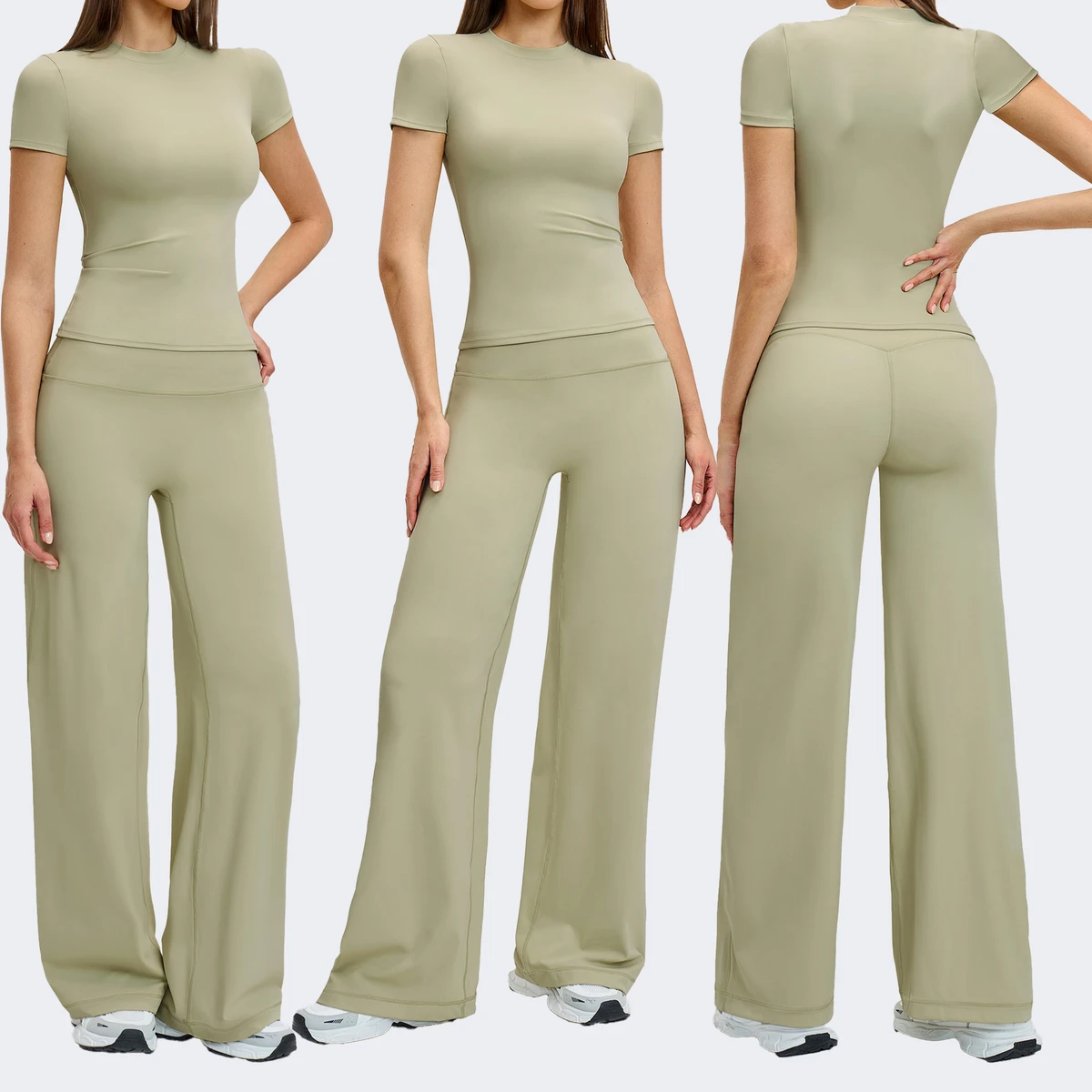 Women 2 Piece Yoga Set Short Sleeve Crew Neck Fitted Top High Waist Wide Leg Pants Workout Outfit for Gym Fitness Loungewear