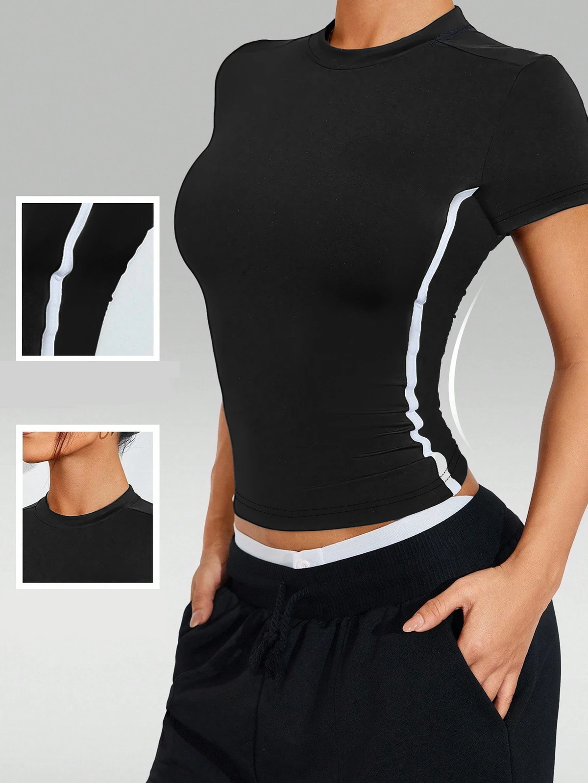 2025 Cross-Border New Hot Yoga Sports Fitness Round Neck T-Shirt Color-Block Top for Women
