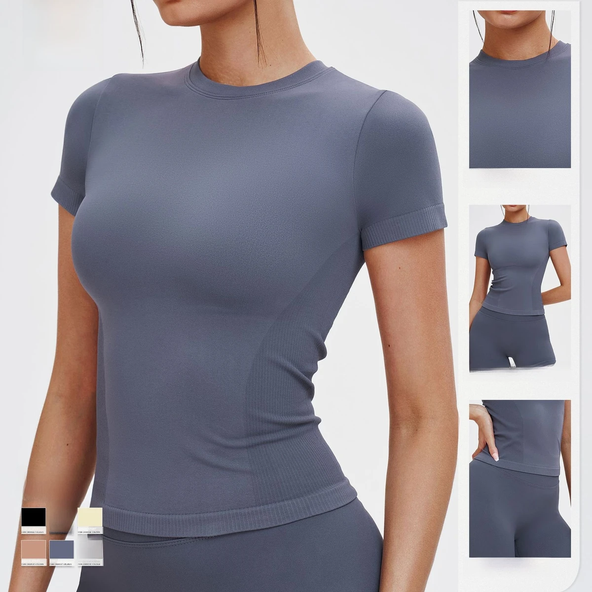 Glintic Seamless Moisture-wicking Quick Dry Solid Color Yoga Short Sleeve Neck Comfortable Sports Tight T-Shirt Outdoor Fitness