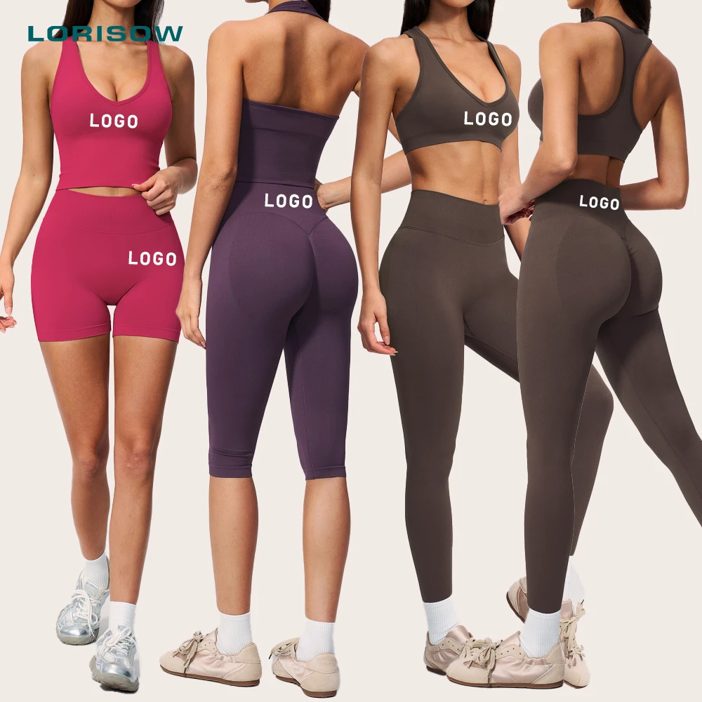 LORISOW Seamless Tight Fit Sportswear Set For Women Wholesale Yoga Outfits Halter Sport Bra Ruched Legging Breathable Activewear