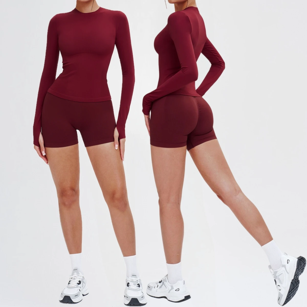 Women's Workout Set Long Sleeve Crop Top & High Waist Seamless Shorts Tummy Control Butt Lifting Yoga Gym Fitness Outfit
