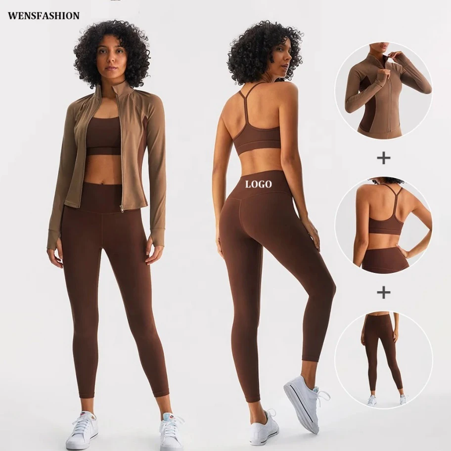 Custom Logo Plus Size Yoga Sets High Elastic 3 Piece Quick Dry Breathable Long Sleeve Jacket Bra Leggings Printed Active Wear
