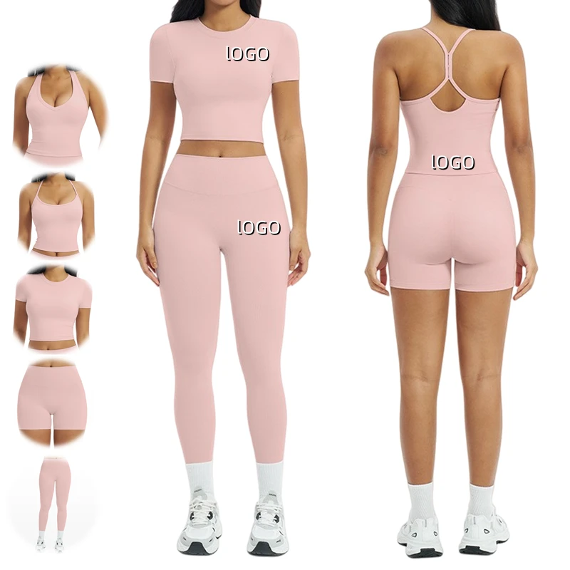 Women Gym Fitness Wear 5PCS Yoga Sets Seamless Hollow Out Sexy Sports Tank Top High Waist Leggings Breathable Activewear Sets