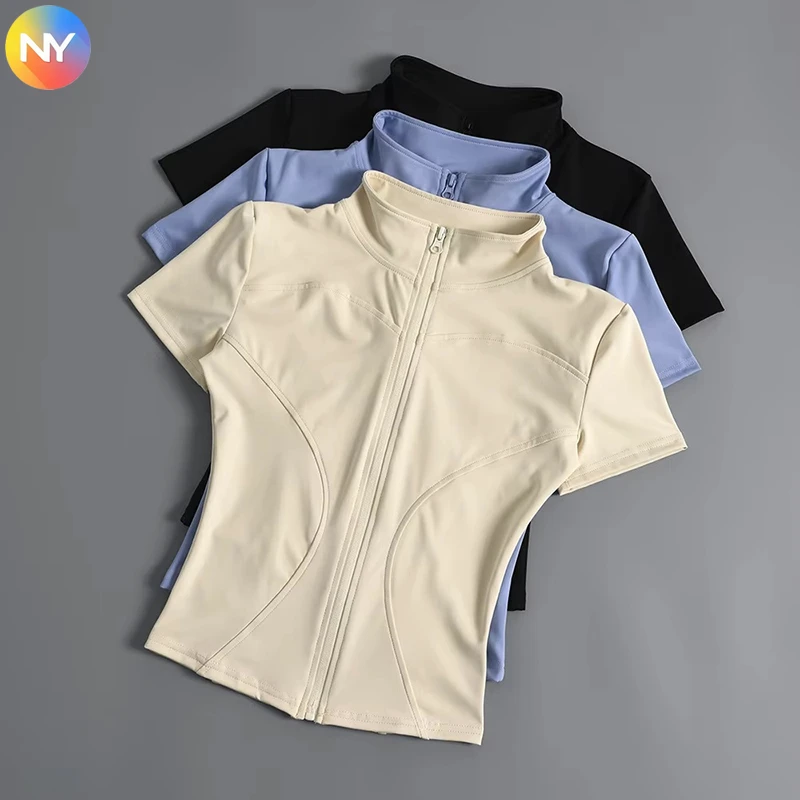 Women's Lightweight Breathable Summer Fitness Tops New Nude Short-Sleeved Cycling Yoga Top T-Zipper for Outdoor Sports Training