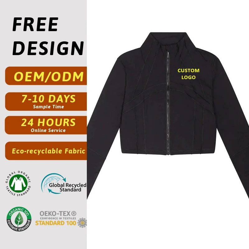 Custom Sports Gym Activewear Workout Zipper Jacket Crop Long Sleeve Women Full Zip Fitness Performance Running Yoga Gym Jacket