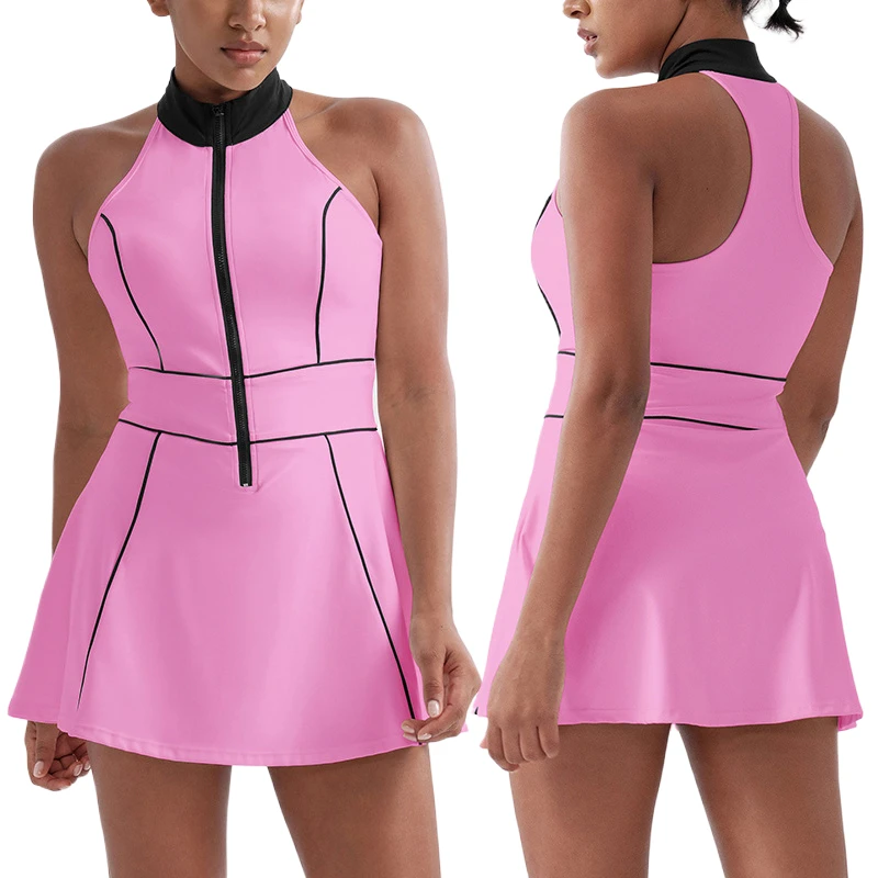 Women Tennis Wear New Nude Quick Dry High Stretchy Breathable Golf Zip up Sexy Slimming Sleeveless Outdoor Yoga Dress