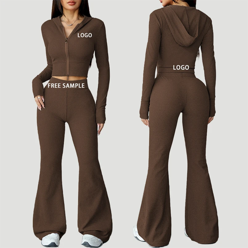 New Eco-Friendly Plus Size Lightweight 2-Piece Yoga Wear Sets for Women with Elastic Waist Hooded Zipper Top & Flared Pants