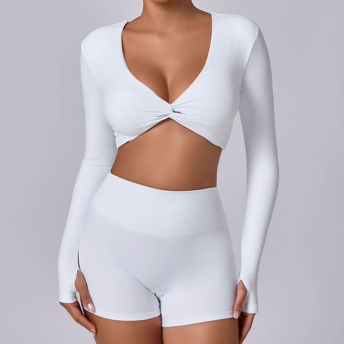 Women's High Quality Yoga Top Long Sleeve Fitness Elastic V-Neck Gym Top Breathable and Lightweight Sexy Padded Design