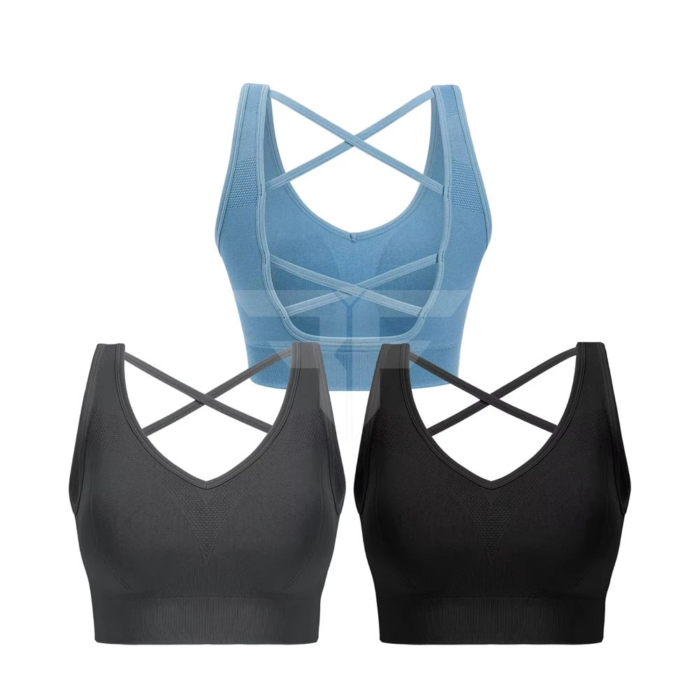 Women High Support Sports Bra Criss Cross Back U-NECK Seamless Padded Solid Color Yoga Fitness Gym Front 100% Nylon Wholesale
