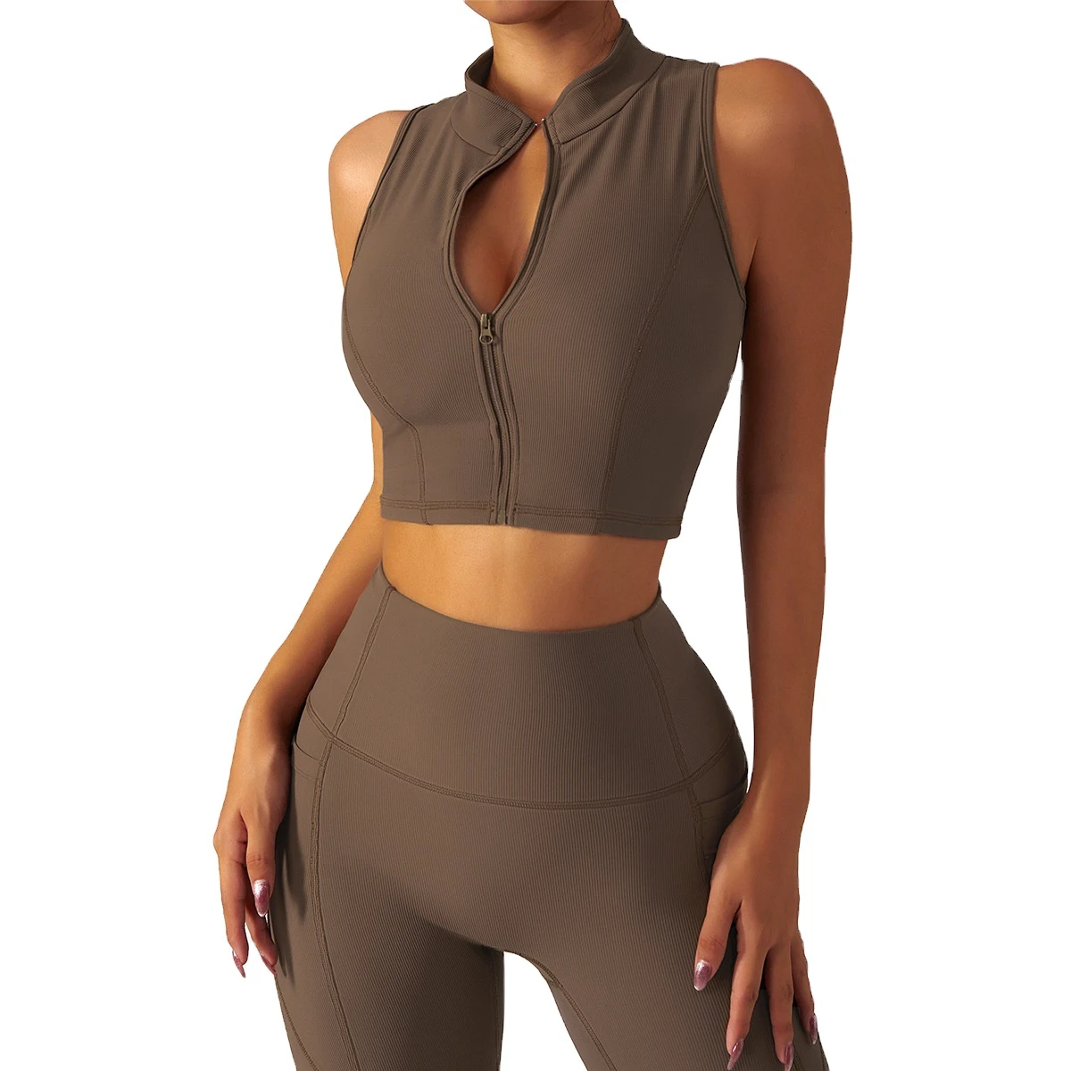Zipper Sporty Work Out Fit Jogger Yoga Pant Set Romper Women'S Sports Fitness Ribbed Women Sportswear Two Piece Yoga Set