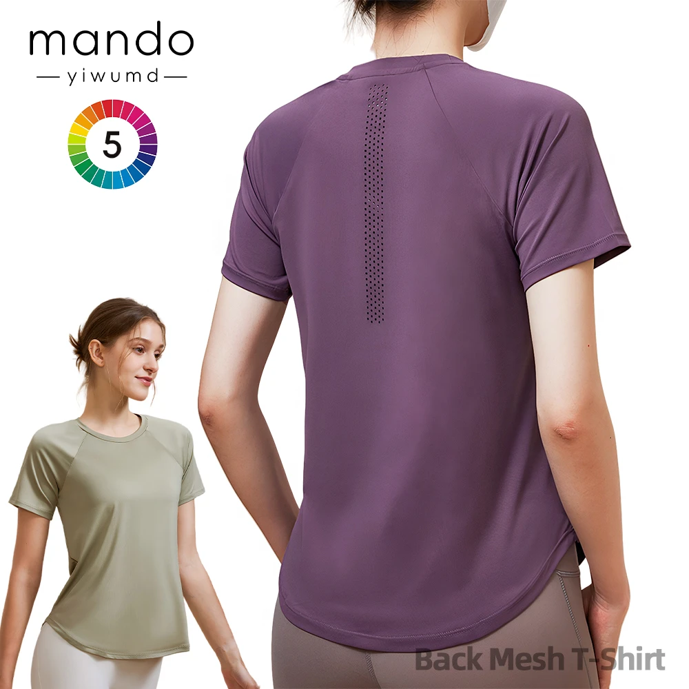 Wholesale Polyester Short Sleeve Crew Neck Loose Sports Top Women's Mesh-Back Ventilated Gym Running T-Shirt
