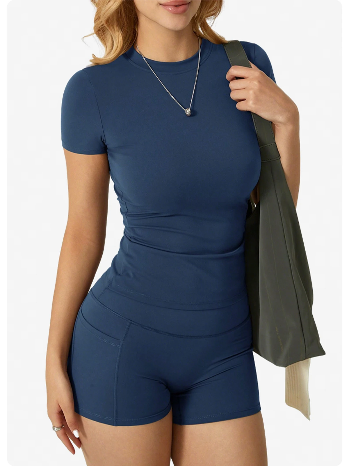 Solid Quick-drying High-waisted Spandex/nylon Yoga Suit Short-sleeved Shorts Fitness Suit
