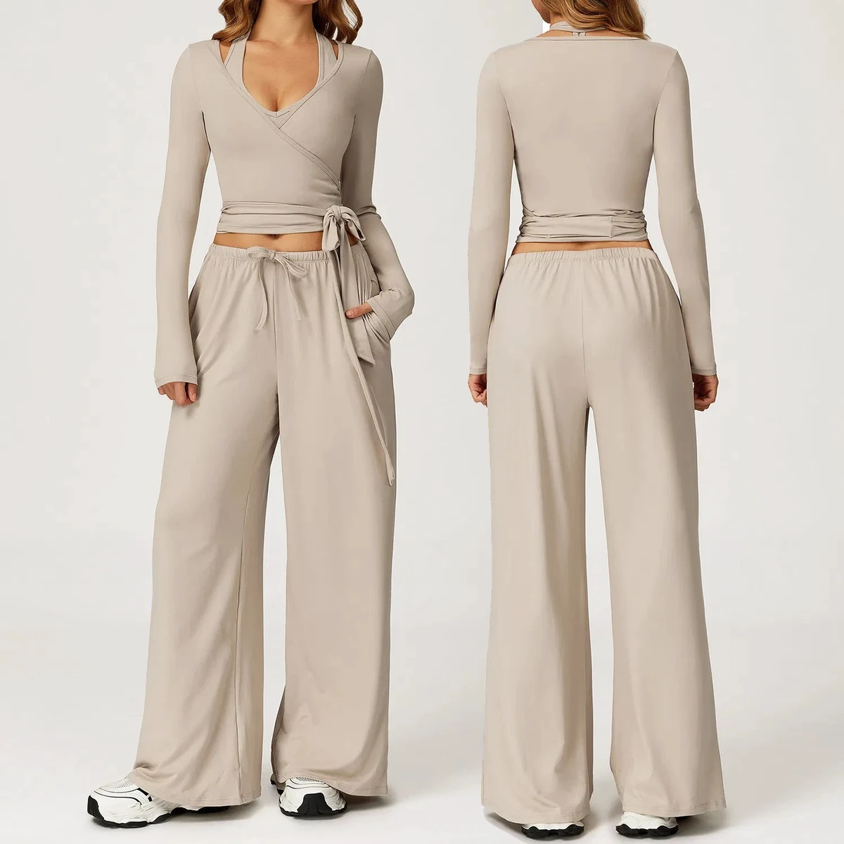 Wholesale 2 Piece Long Sleeve Yoga Set Workout Wrap Top Gym Wide Leg Sweatpants Casual Yoga Suits Fitness Outfit for Women
