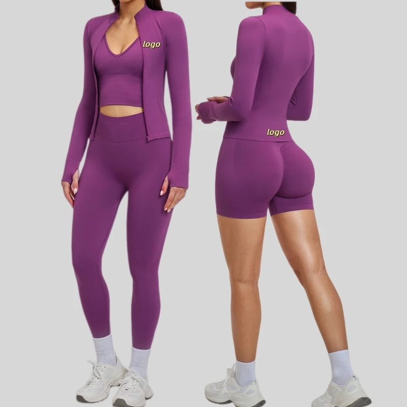 1pcs Custom Logo High Elasticity Quickly Dry Women Yoga Sport Three Pieces Outfits Long Sleeve Zipper Jacket Fitness Suits