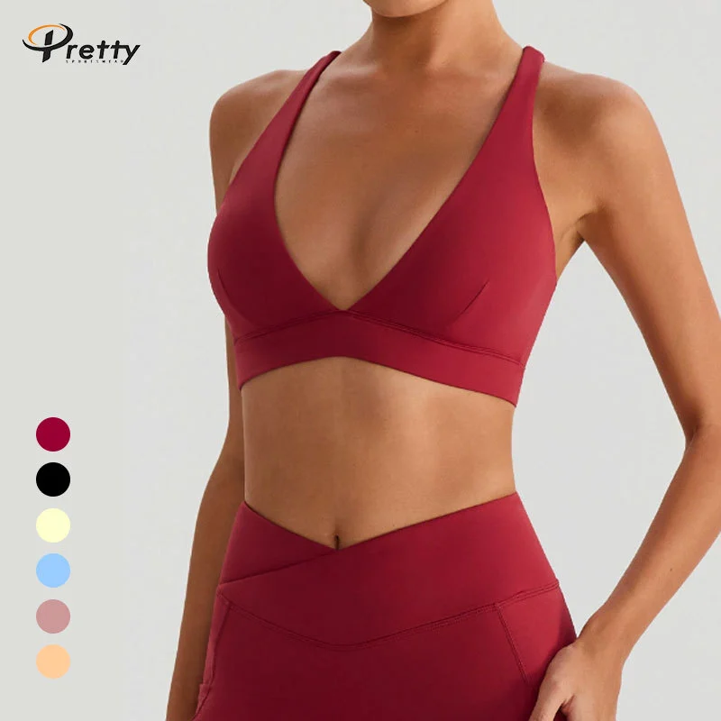 Women's Deep V Cross Back Sports Bra Nude Feeling Running Yoga Clothing with Anti-Shock Gathering Fashion Outer Layer Front Logo