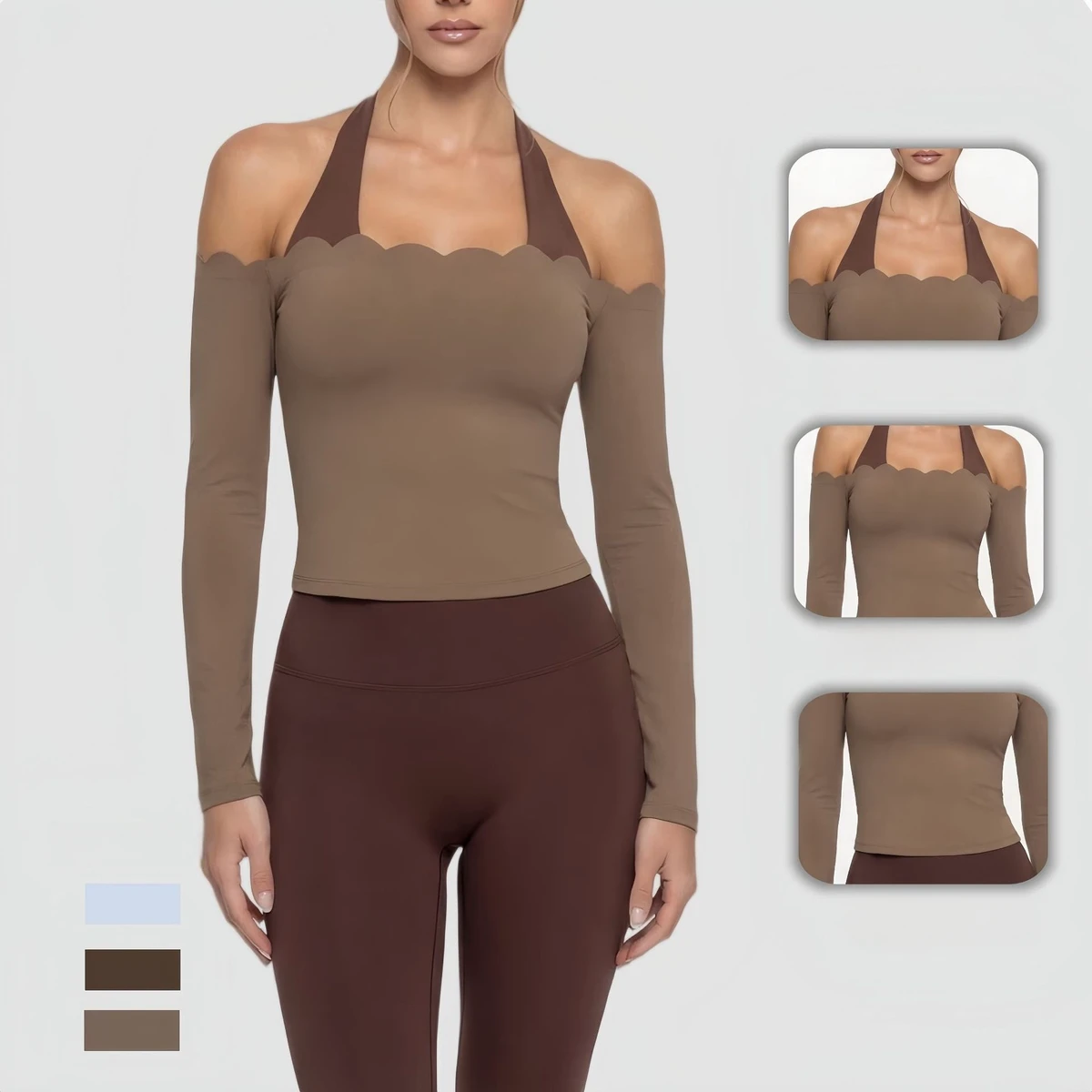 Women Color Block Halter Neck Yoga Suit Long Sleeve Quick Dry Tight Sportswear Outdoor Running Gym Fitness Pilates Two Piece Set