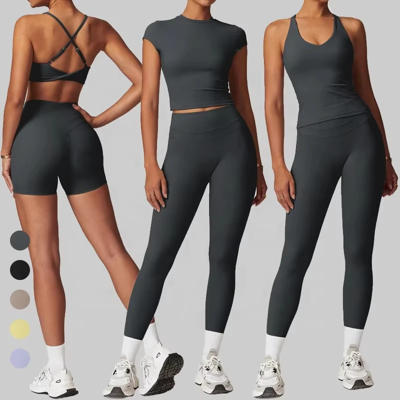 5Pcs Women Solid Free Matching Yoga Set Buttery Soft Breathable Lightweight High Waist Stretchy Fitness Gym Sportswear Front