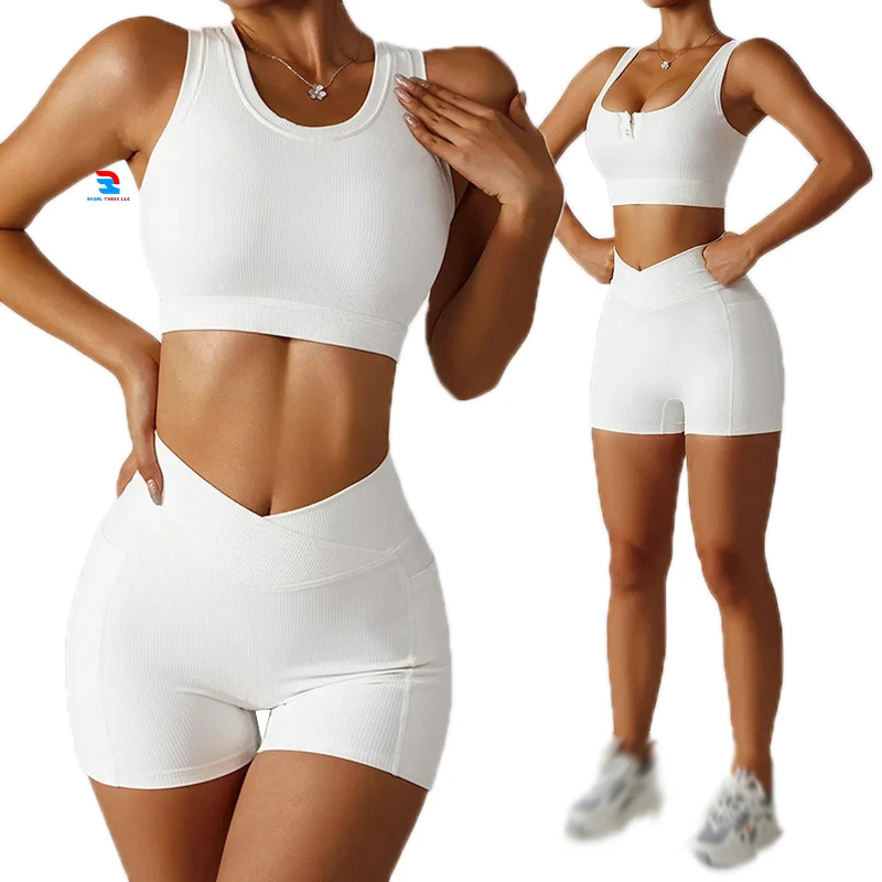 Yoga 2 Piece Sets Above Knee Athletic High Elastic Waist Shorts & Racer-Back Sports Bra Skinny Fit Gym Fitness Workout Sets