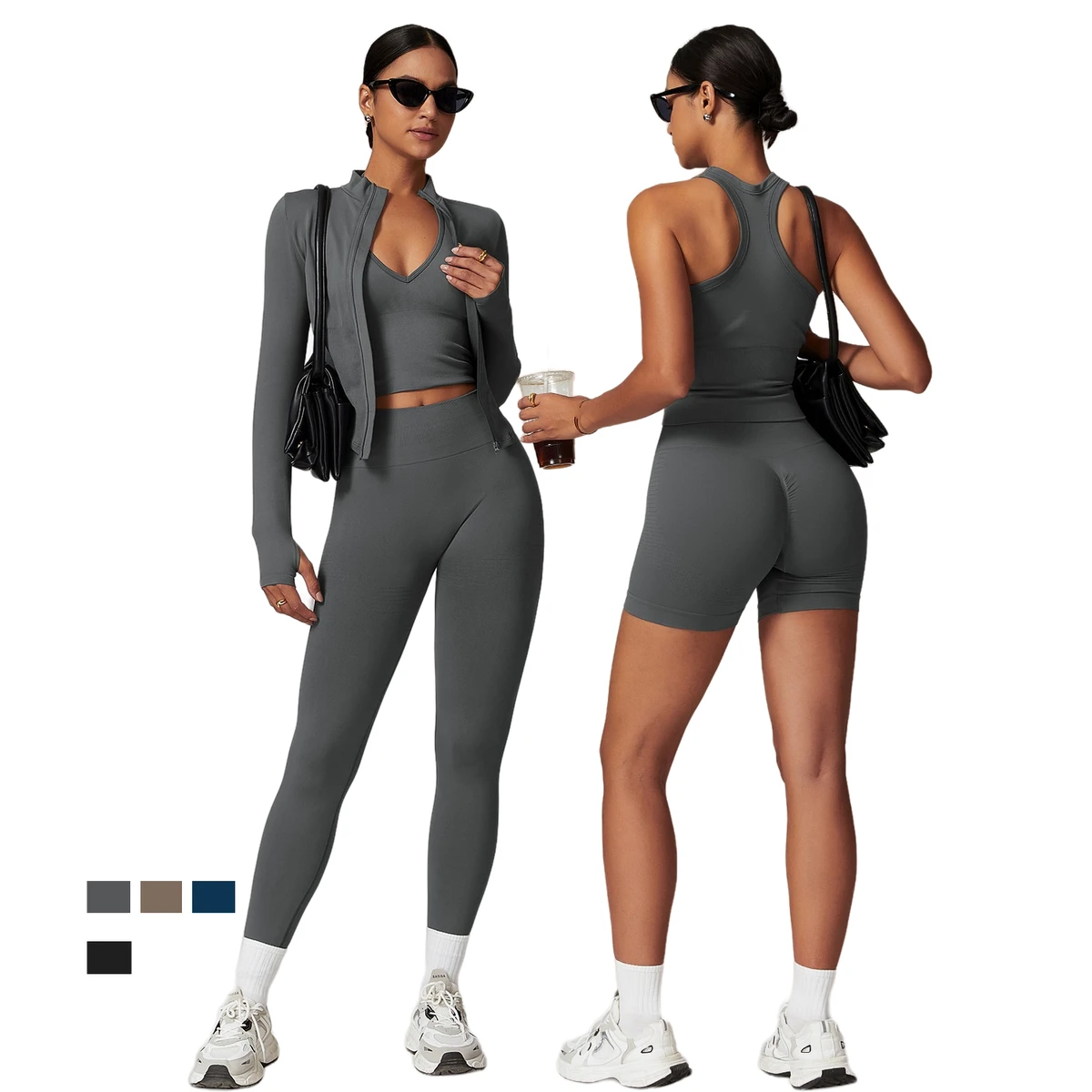 Women's Seamless Y-Back Sports Tank Top Ribbed Waist Butt-Lifting Fitness Yoga Leggings Outfit Activewear Suit
