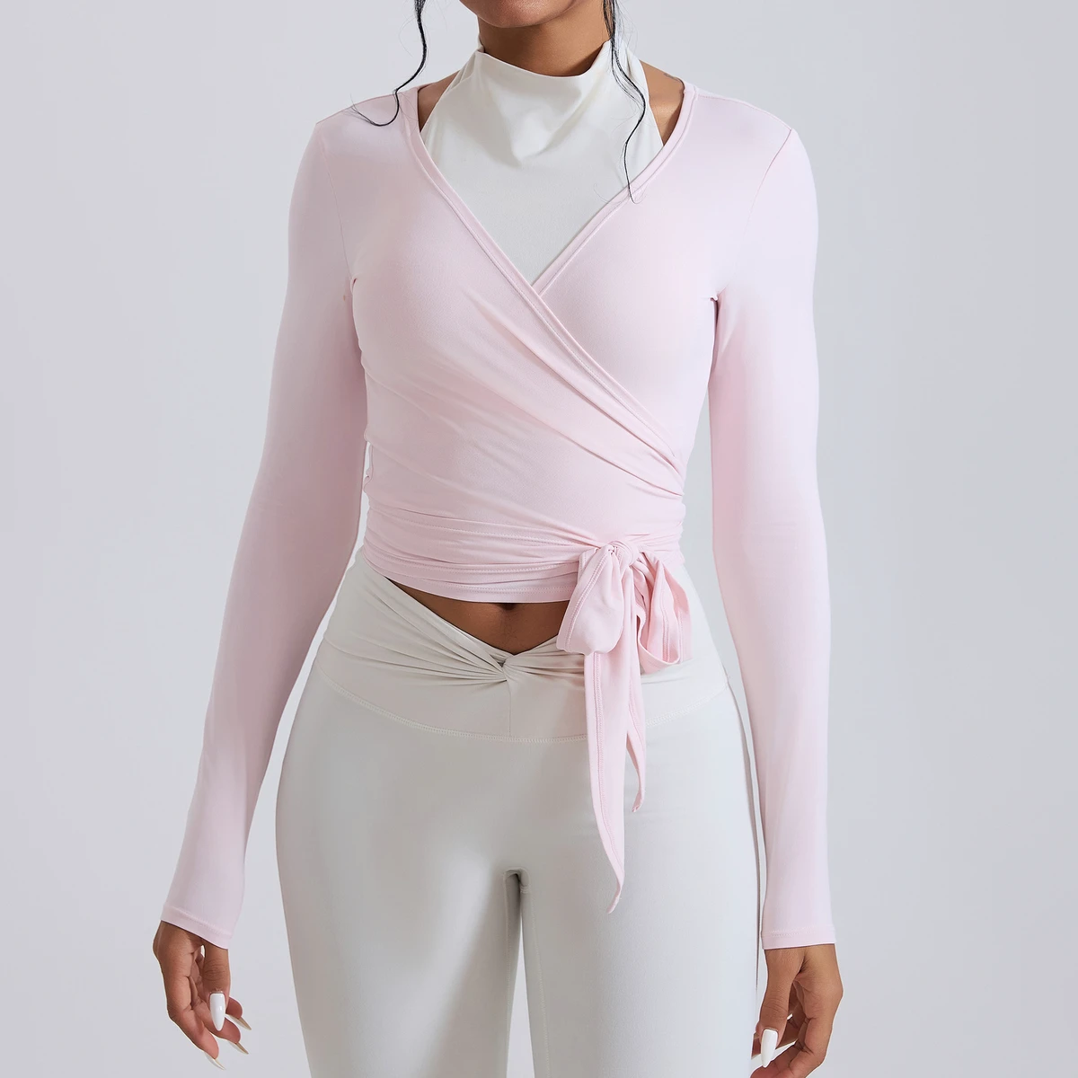 Hot Sale Causal Long Sleeve Yoga Top for Women V Neck Laces Slimming Breathable Yoga T-Shirt Workout Gym Fitness Running Wear
