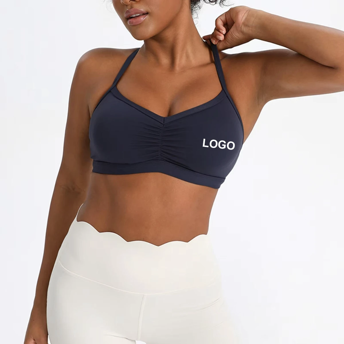 Women's Ruched V-neck Push-up High Support Shockproof Breathable Yoga Bra Sexy Cross Backless Yoga Fitness Bra