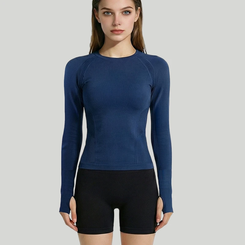 Seamless Quick Dry Long Sleeve Yoga Top Women Pilates Training Sports Wear Nylon Spandex Fitness Shirt