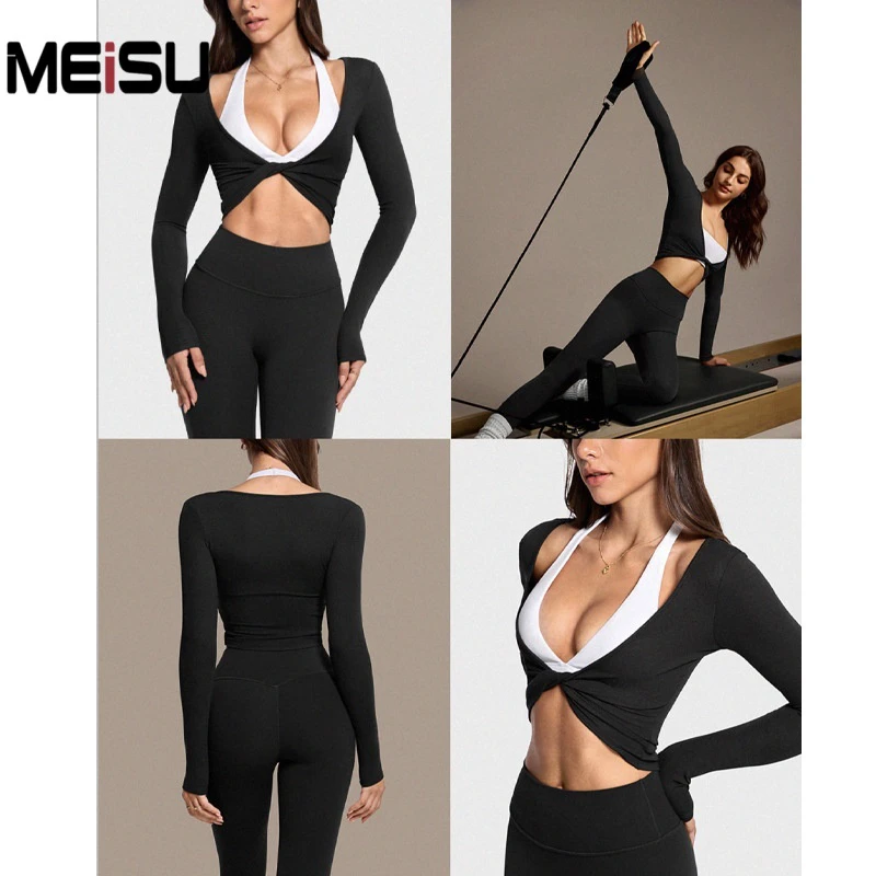 Custom Logo Wholesale Women Wrap Tie Top Slim Sports Long Sleeve Ballet Workout Yoga Shirt