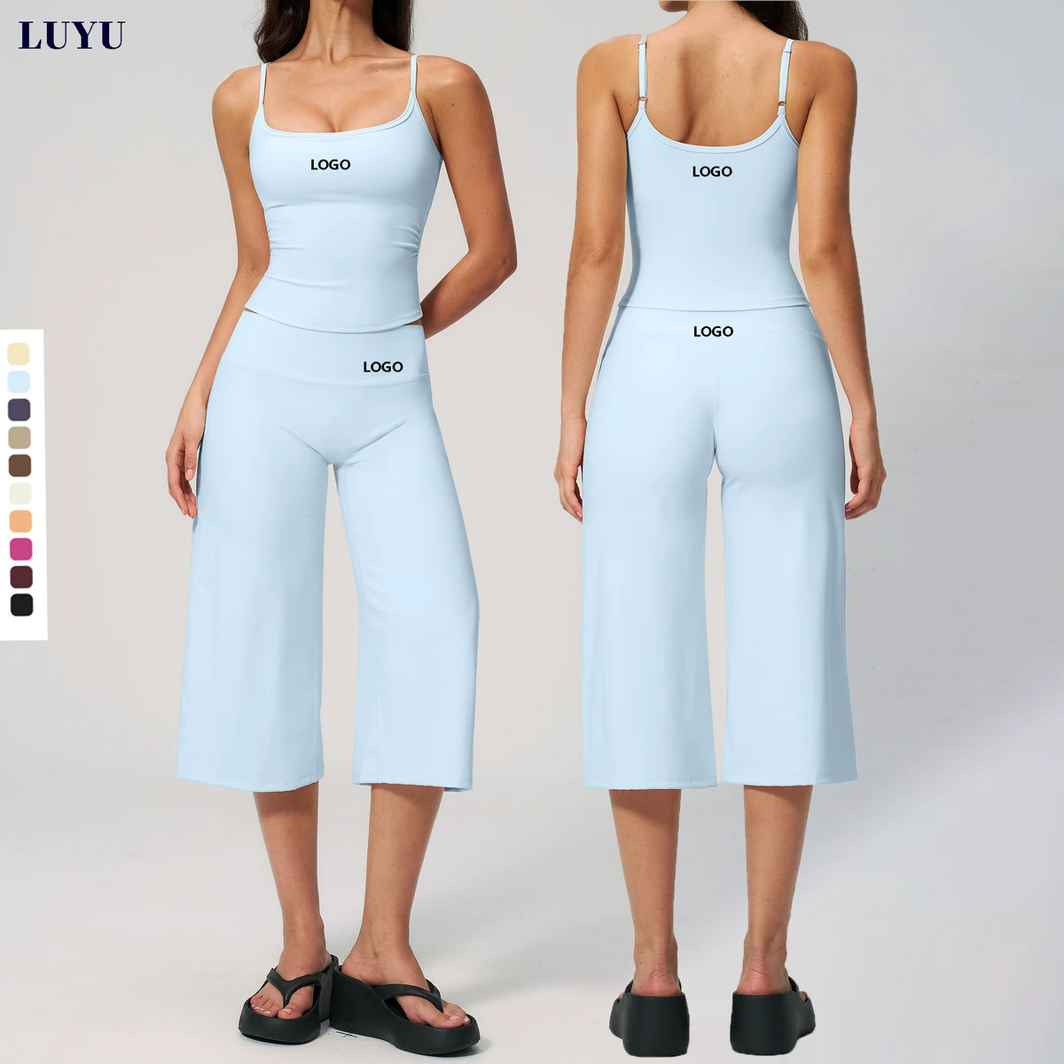 2026 Summer CUSTOM LOGO Luxury Women Workout Sportswear High Waist Wide Leg Capris Gym Pilates Sets Loungewear