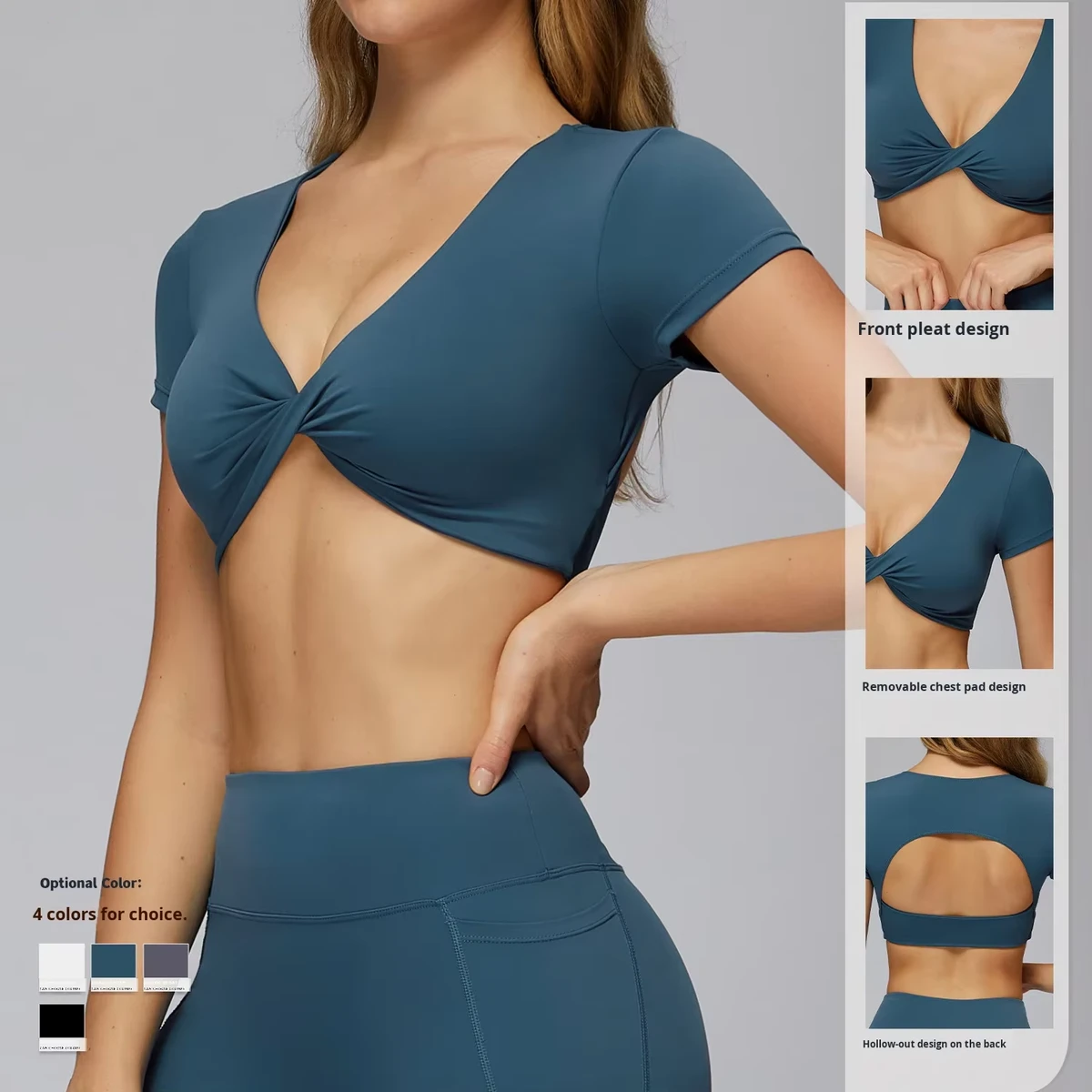 Women's Yoga Top Short-Sleeve V-Neck Hollow-Out Backless Tight-Fitting T-Shirt for Running Sports Fitness